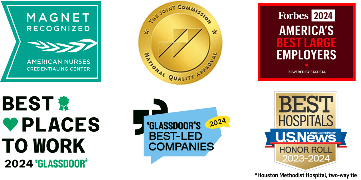 Magnet Recongized, Joint Commmission National Quality Approval, Forbes 2021 Best-In-State Employer, Indeed 2019, Glassdoor 2022, U.S. News Best Hospital